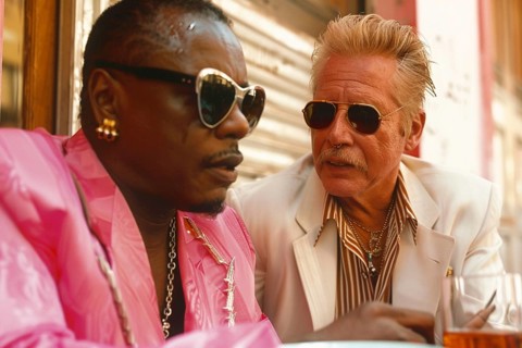 Casual chat between two elderly men in pink and white suits at an urban cafe with a vibrant