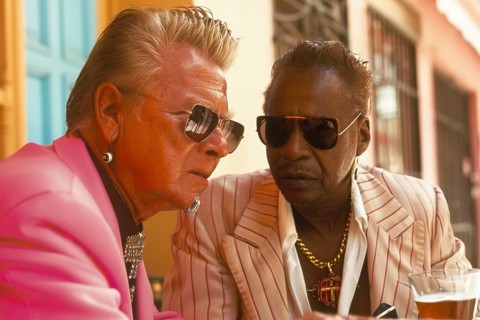 Two elderly men wearing stylish suits and sunglasses have an intense conversation over drinks at a