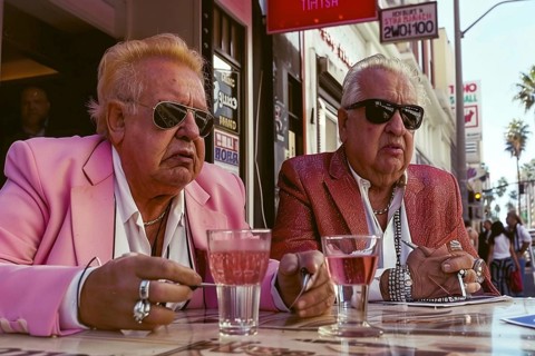 Two elderly men in sunglasses and pink suits sit at an outdoor cafe table with drinks, engaged in