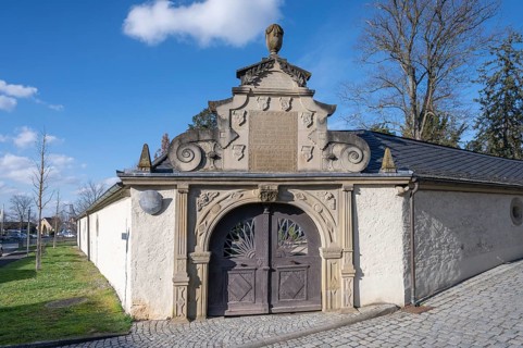 Entrance portal of the heritage-protected cemetery, exists since 1618, Mainbernheim, Lower