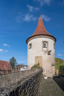 Powder tower, round tower built in the fortifications around 1400, Mainbernheim, Lower Franconia,