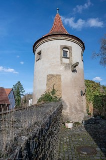 Powder tower, round tower built in the fortifications around 1400, Mainbernheim, Lower Franconia,