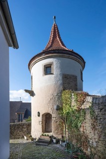 Powder tower, round tower built in the fortifications around 1400, Mainbernheim, Lower Franconia,