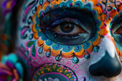 Close up of woman's eye with colorful Halloween Dia de los Muertos costume face paint. Generative