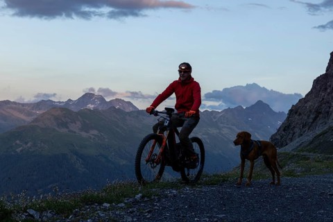 Mountain biker with headlamp, with trail dog in the evening, man with his Vizsla, panoramic trail,