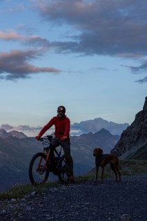 Mountain biker with headlamp, with trail dog in the evening, man with his Vizsla, panoramic trail,