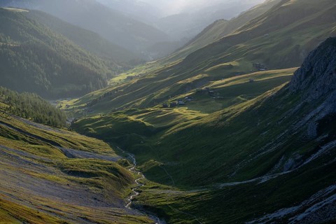 Evening mood in the mountains, view of Sapün from the Strela Pass, Davos, Grisons, Switzerland,