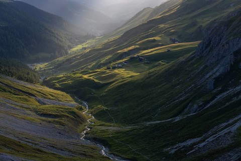 Evening mood in the mountains, view of Sapün from the Strela Pass, Davos, Grisons, Switzerland,