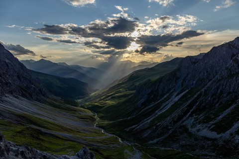 Evening mood in the mountains, view of Sapün from the Strela Pass, Davos, Grisons, Switzerland,