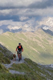 Mountain biker with traildog, man on a mountain bike with his dog, Panoramaweg, Davos, Graubünden,