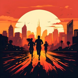 Vintage wallpaper of city marathon runners in a mixed group of men and women, AI generated