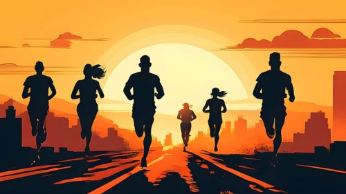 Vintage wallpaper of city marathon runners in a mixed group of men and women, AI generated