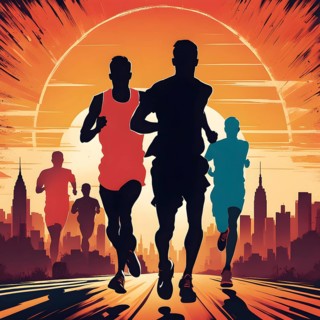 Vintage wallpaper of city marathon runners in a mixed group of men and women, AI generated
