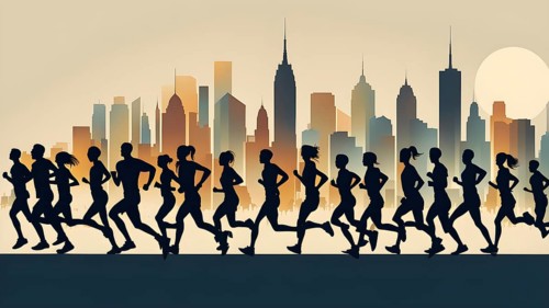 Vintage wallpaper of city marathon runners in a mixed group of men and women, AI generated