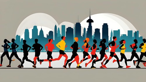 Vintage wallpaper of city marathon runners in a mixed group of men and women, AI generated