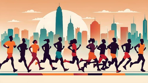 Vintage wallpaper of city marathon runners in a mixed group of men and women, AI generated