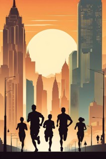 Vintage wallpaper of city marathon runners in a mixed group of men and women, AI generated