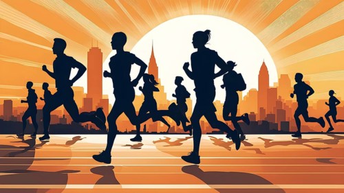 Vintage wallpaper of city marathon runners in a mixed group of men and women, AI generated