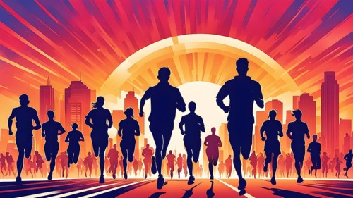 Vintage wallpaper of city marathon runners in a mixed group of men and women, AI generated