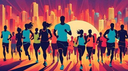 Vintage wallpaper of city marathon runners in a mixed group of men and women, AI generated