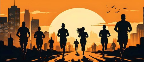 Vintage wallpaper of city marathon runners in a mixed group of men and women, AI generated