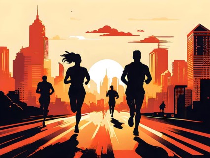 Vintage wallpaper of city marathon runners in a mixed group of men and women, AI generated