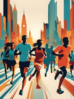Vintage wallpaper of city marathon runners in a mixed group of men and women, AI generated