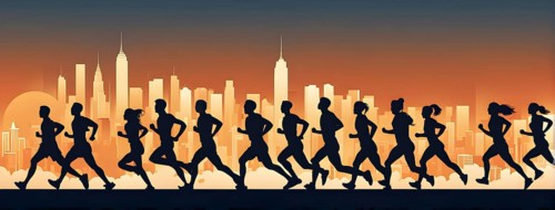 Vintage wallpaper of city marathon runners in a mixed group of men and women, AI generated