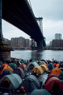 Homeless individuals huddled together in a makeshift tent city, AI generated