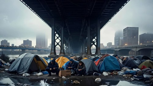 Homeless individuals huddled together in a makeshift tent city, AI generated