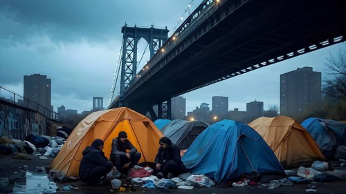 Homeless individuals huddled together in a makeshift tent city, AI generated