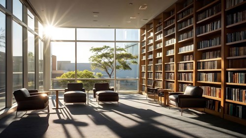 Sunlight bathing an empty modern library with rows of sleek bookshelves, AI generated