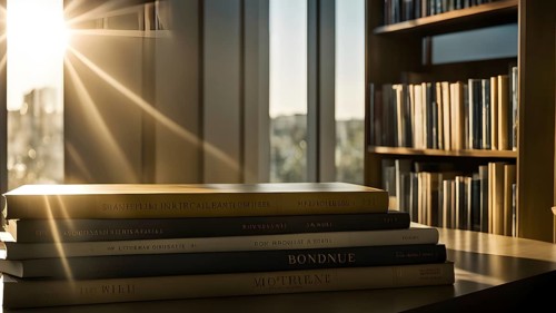 Sunlight bathing an empty modern library with rows of sleek bookshelves, AI generated