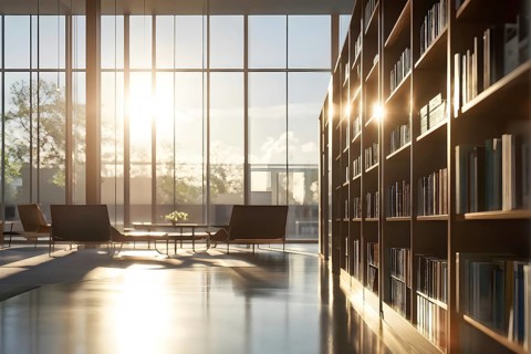 Sunlight bathing an empty modern library with rows of sleek bookshelves, AI generated