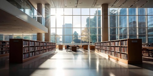 Sunlight bathing an empty modern library with rows of sleek bookshelves, AI generated