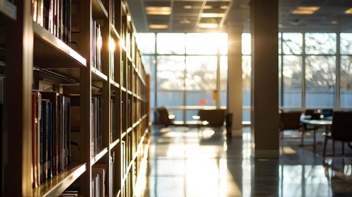 Sunlight bathing an empty modern library with rows of sleek bookshelves, AI generated