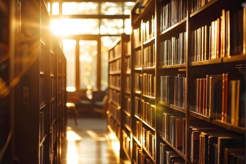 Sunlight bathing an empty modern library with rows of sleek bookshelves, AI generated