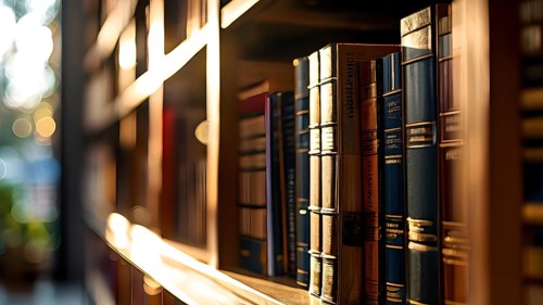 Sunlight bathing an empty modern library with rows of sleek bookshelves, AI generated