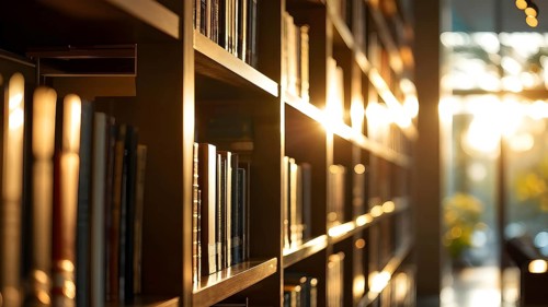 Sunlight bathing an empty modern library with rows of sleek bookshelves, AI generated