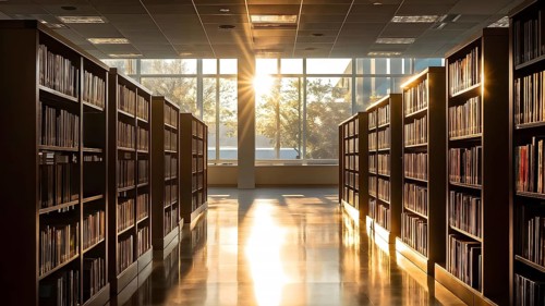 Sunlight bathing an empty modern library with rows of sleek bookshelves, AI generated