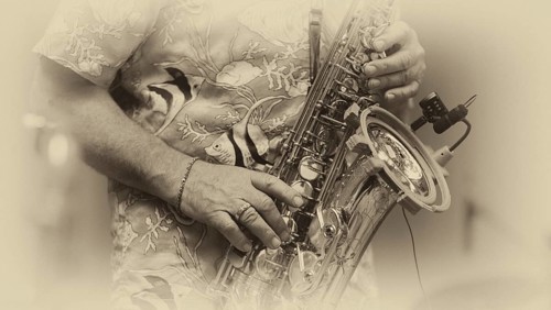 Close-up, saxophonist Ulrich Schneider of the jazz band LoT Late on Tuesday, black and white,