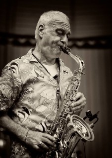 Saxophonist Ulrich Schneider of the jazz band LoT Late on Tuesday, black and white, vintage,
