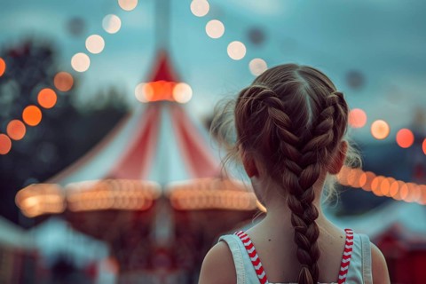 Young girl child looking at circus tent. Generative Ai, AI generated