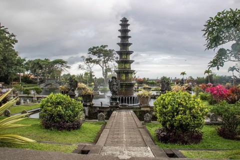 The water temple or water palace of the king. Tropical landscapes, colourful flowers and statues