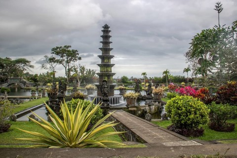 The water temple or water palace of the king. Tropical landscapes, colourful flowers and statues