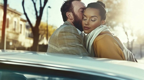 A couple embracing warmly under soft light near a car, both dressed in beige and checkered attire,