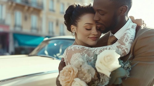 A loving couple embracing on a sunny day with wedding attire and flowers, AI generated