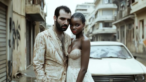 A serious couple standing close together in an urban setting with a car behind them, AI generated