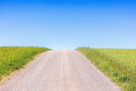 Empty gravel road on a hill by green fields and a clear blue sky