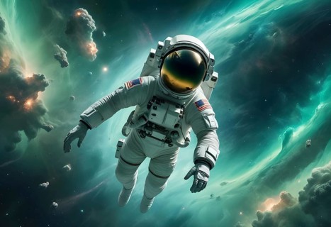 Astronaut floating in a vibrant, colorful galaxy, surrounded by stars and cosmic clouds, capturing